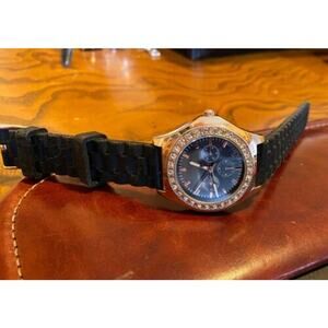 Women's Rose Gold Tone Claire's watch, Black Poly Band Crystal Accents
